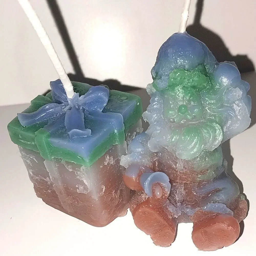 Hand crafted 2 piece holiday Santa's present candle set